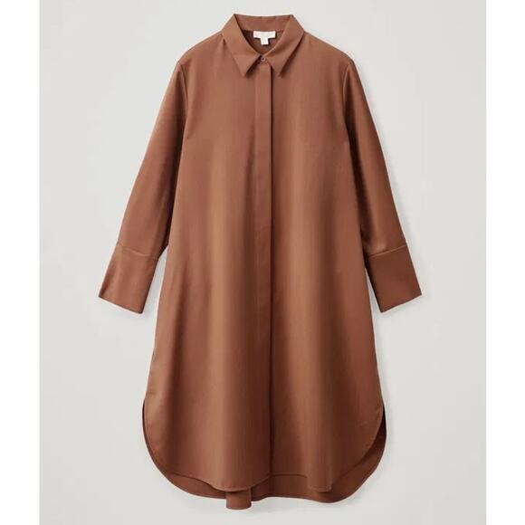 COS Wool Blend A-Line Shirt Dress Rust Brown High-Low Hem Long Sleeve Minimalist - Picture 11 of 16